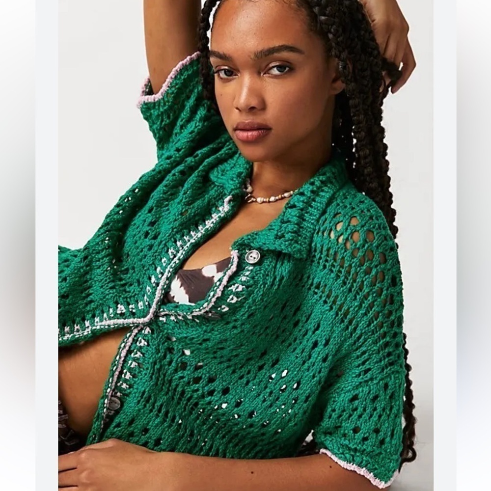 FREE PEOPLE Santa Cruz Club Shirt Golf Green Pink Combo Crochet Grannycore XS - Picture 4 of 16
